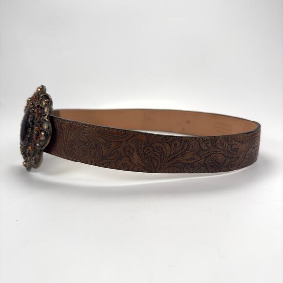 Vintage Leatherock Brown Handtooled Leather Flower Big Buckle Belt Size M - Picture 8 of 9